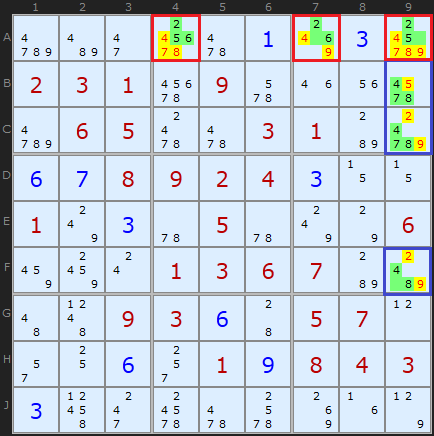 Hidden triples - Sudoku technique